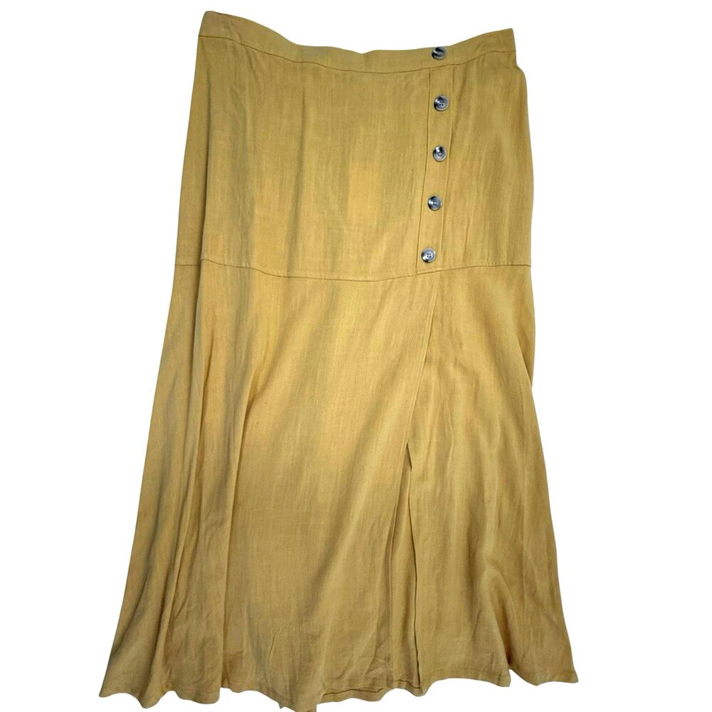 Skies Are Blue NEW Bella Mustard Yellow Midi Skirt 1X Front Side Slit Maxi Linen